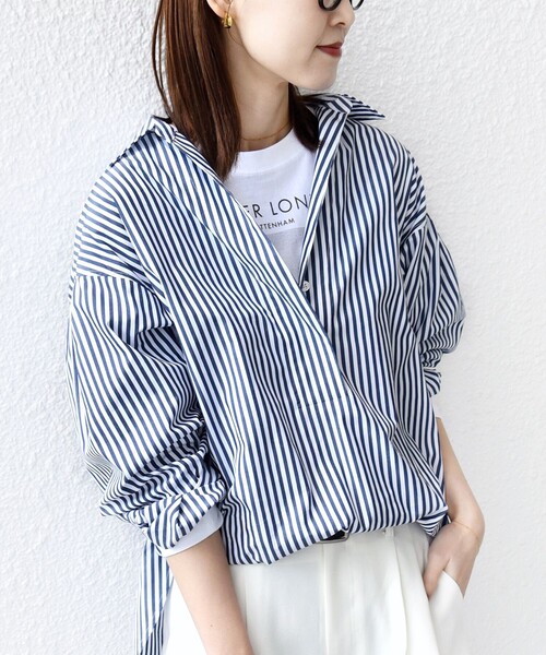 【新品】SHIPS ストライプ サイド スリット スキッパー コットン シャツ 手洗い可能〉無地 / ストライプ サイド スリット スキッパー コットン