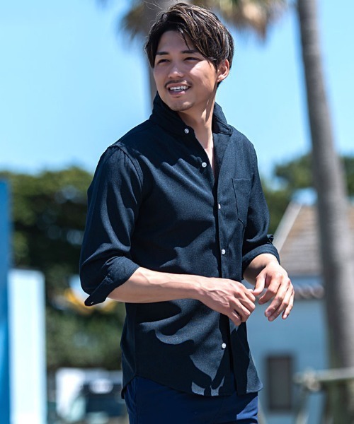 CavariA(キャバリア)の「『CavariA/キャバリア』【接触冷感】7分袖シャツ サマーパナマ ホリゾンタルカラーシャツ(シャツ/ブラウス・メンズ・ピンク/ネイビー/ベージュ/ブラック・XL/L)」の3枚目の写真