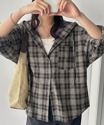 フード付シアーチェックオーバーサイズパーカーシャツ