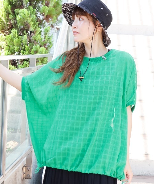 チチカカ(チチカカ)の「シアーチェックドロストビッグT(Tシャツ/カットソー・レディース・ブラック/オフホワイト/グリーン・FREE)」の3枚目の写真