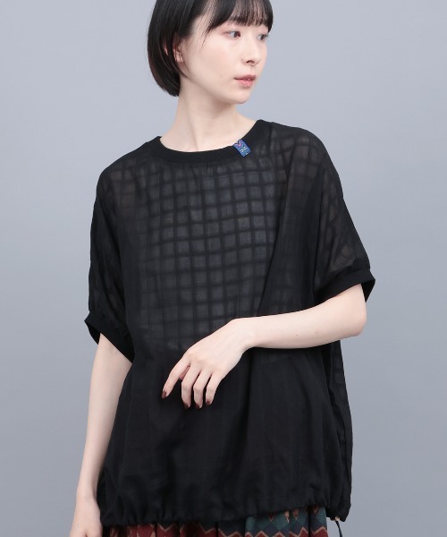 チチカカ(チチカカ)の「シアーチェックドロストビッグT(Tシャツ/カットソー・レディース・ブラック/オフホワイト/グリーン・FREE)」の2枚目の写真