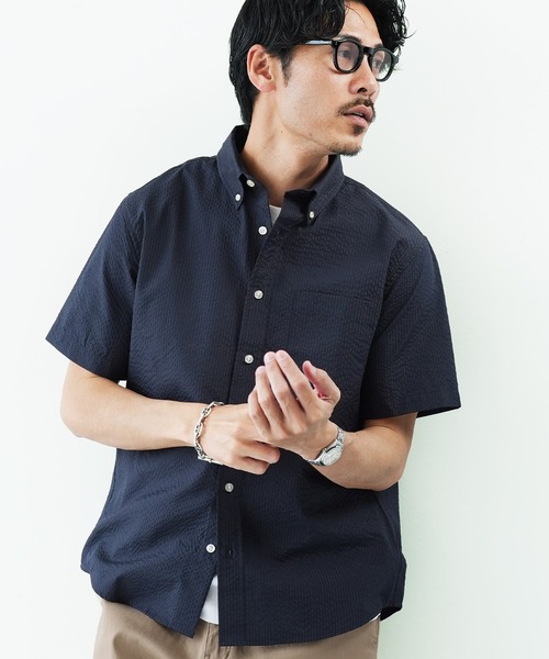 jiggys shop(ジギーズショップ)の「シアサッカー 速乾 半袖 ボタンダウンシャツ(シャツ/ブラウス・メンズ・ブルー系その他2/サックスブルー/ブルー系その他/ネイビー/ホワイト・X-LARGE/LARGE/MEDIUM)」の3枚目の写真