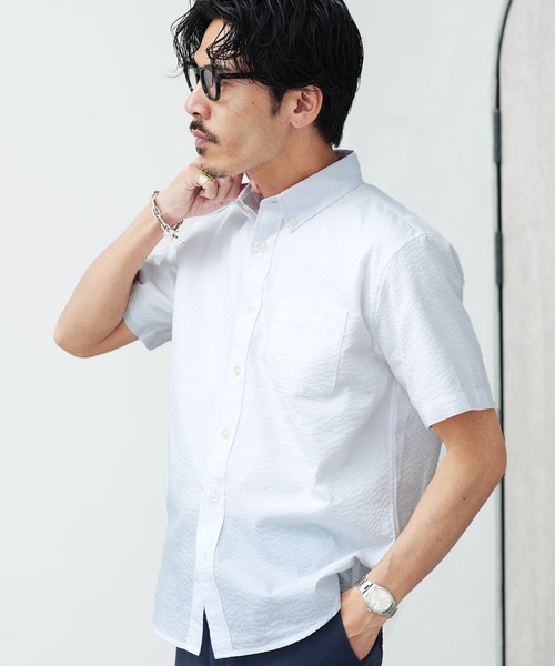 jiggys shop(ジギーズショップ)の「シアサッカー 速乾 半袖 ボタンダウンシャツ(シャツ/ブラウス・メンズ・ブルー系その他2/サックスブルー/ブルー系その他/ネイビー/ホワイト・X-LARGE/LARGE/MEDIUM)」の2枚目の写真
