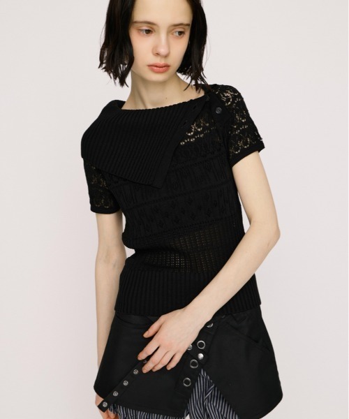 SLY(スライ)の「BIG COLLAR CROCHET TOPS ビッグカラークロシェトップス 春服 夏服 シアー メッシュ サマーニット(ニット/セーター・レディース・アイボリー/ブラック/ネイビー・FREE)」の1枚目の写真