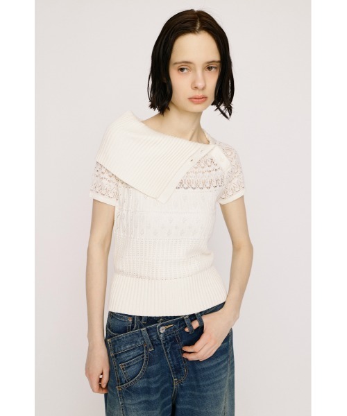 SLY(スライ)の「BIG COLLAR CROCHET TOPS ビッグカラークロシェトップス 春服 夏服 シアー メッシュ サマーニット(ニット/セーター・レディース・アイボリー/ブラック/ネイビー・FREE)」の4枚目の写真
