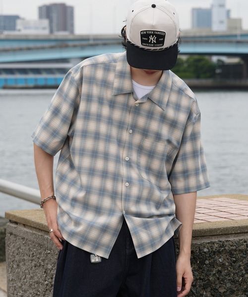 Bleme（ブレム）の「サマードレープ ルーズフィット オンブレチェックシャツ（シャツ/ブラウス・メンズ・ブラック/ネイビー/ライトグリーン・L/M/S/XL）」の4枚目の写真