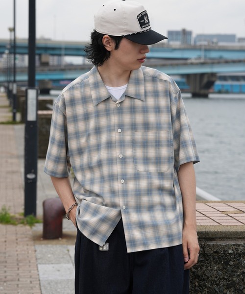 Bleme（ブレム）の「サマードレープ ルーズフィット オンブレチェックシャツ（シャツ/ブラウス・メンズ・ブラック/ネイビー/ライトグリーン・L/M/S/XL）」の5枚目の写真