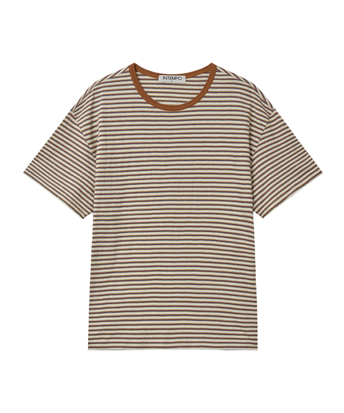 INTEMPOMOOD（インテンポムード）の「ディープストライプクロップTシャツ : 2カラー（Tシャツ/カットソー・メンズ・オレンジ/チャコール・MEDIUM/LARGE）」の2枚目の写真