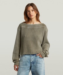 G-STAR | Washed Open Neck Knit/ウォッシュド加工オープンネック/ボートネックオーバーサイズコットンニットセーター(ニット/セーター)