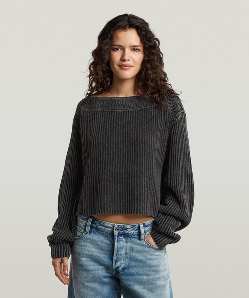 G-STAR(ジースター)の「Washed Open Neck Knit/ウォッシュド加工オープンネック/ボートネックオーバーサイズコットンニットセーター(ニット/セーター・レディース・ベージュ系その他/ダークブラック・X-SMALL/SMALL)」の2枚目の写真
