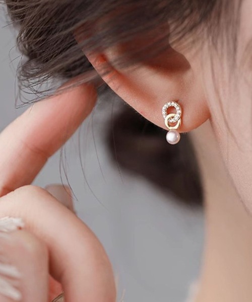 ゆ様ピアス YU-KA:ダブルリング＆パールスタッドピアス Double ring and pearl