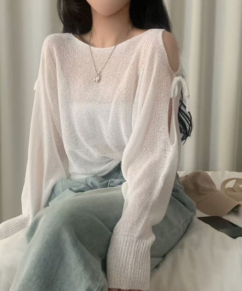 Achic(アシック)の「冷房対策 肩あきリボン透かしトップス(シャツ/ブラウス・レディース・ブラック/ベージュ/ピンク/グレー/ホワイト・M)」の14枚目の写真