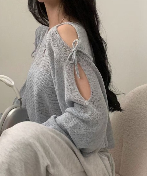 Achic(アシック)の「冷房対策 肩あきリボン透かしトップス(シャツ/ブラウス・レディース・ブラック/ベージュ/ピンク/グレー/ホワイト・M)」の10枚目の写真