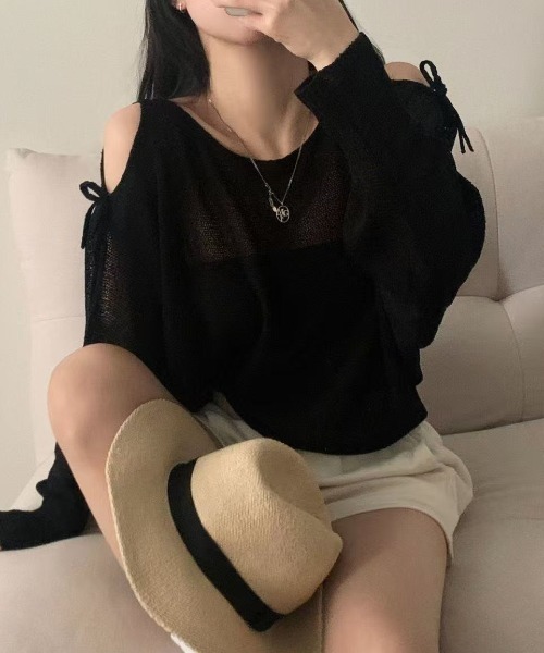 Achic(アシック)の「冷房対策 肩あきリボン透かしトップス(シャツ/ブラウス・レディース・ブラック/ベージュ/ピンク/グレー/ホワイト・M)」の12枚目の写真