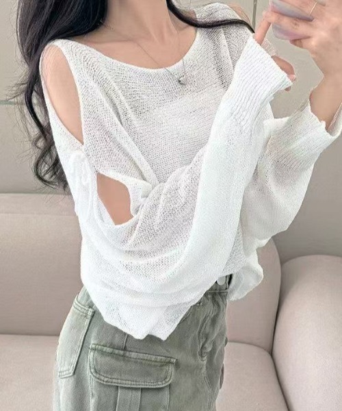Achic(アシック)の「冷房対策 肩あきリボン透かしトップス(シャツ/ブラウス・レディース・ブラック/ベージュ/ピンク/グレー/ホワイト・M)」の16枚目の写真