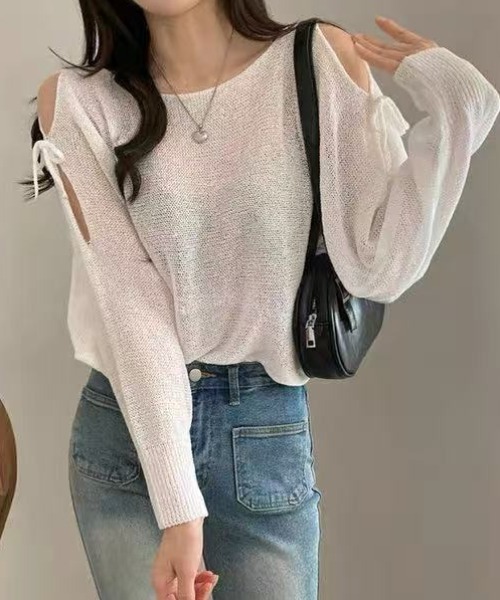 Achic(アシック)の「冷房対策 肩あきリボン透かしトップス(シャツ/ブラウス・レディース・ブラック/ベージュ/ピンク/グレー/ホワイト・M)」の22枚目の写真