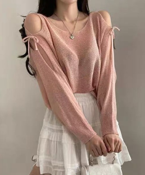 Achic(アシック)の「冷房対策 肩あきリボン透かしトップス(シャツ/ブラウス・レディース・ブラック/ベージュ/ピンク/グレー/ホワイト・M)」の8枚目の写真