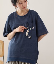 ぶらぶらネコ刺繍インレイ裾ドロストプルオーバー 半袖