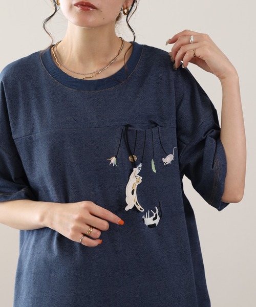 FUNALIVE(ファンアライブ)の「ぶらぶらネコ刺繍インレイ裾ドロストプルオーバー 半袖(Tシャツ/カットソー・レディース・ブルー系/ネイビー系8・M/L)」の10枚目の写真