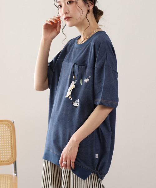 FUNALIVE(ファンアライブ)の「ぶらぶらネコ刺繍インレイ裾ドロストプルオーバー 半袖(Tシャツ/カットソー・レディース・ブルー系/ネイビー系8・M/L)」の11枚目の写真