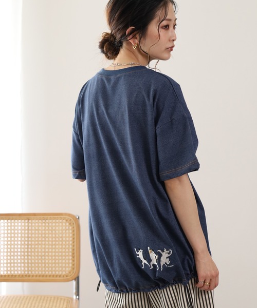 FUNALIVE(ファンアライブ)の「ぶらぶらネコ刺繍インレイ裾ドロストプルオーバー 半袖(Tシャツ/カットソー・レディース・ブルー系/ネイビー系8・M/L)」の13枚目の写真