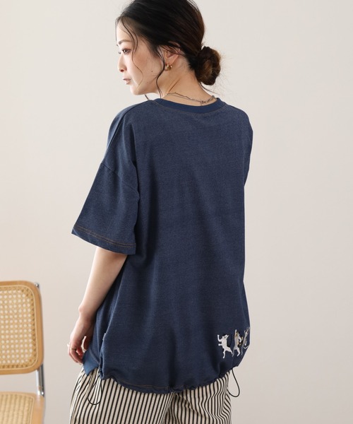 FUNALIVE(ファンアライブ)の「ぶらぶらネコ刺繍インレイ裾ドロストプルオーバー 半袖(Tシャツ/カットソー・レディース・ブルー系/ネイビー系8・M/L)」の14枚目の写真