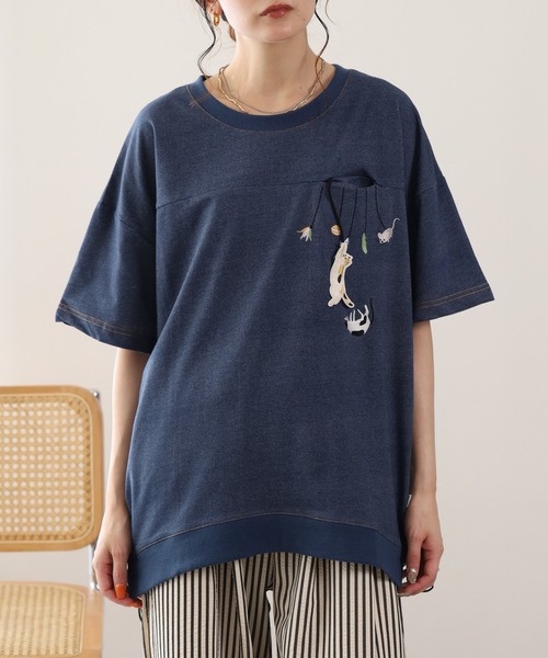 FUNALIVE(ファンアライブ)の「ぶらぶらネコ刺繍インレイ裾ドロストプルオーバー 半袖(Tシャツ/カットソー・レディース・ブルー系/ネイビー系8・M/L)」の17枚目の写真