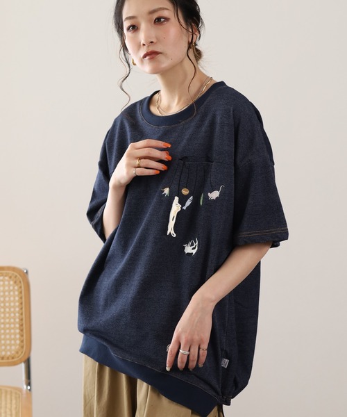 FUNALIVE(ファンアライブ)の「ぶらぶらネコ刺繍インレイ裾ドロストプルオーバー 半袖(Tシャツ/カットソー・レディース・ブルー系/ネイビー系8・M/L)」の3枚目の写真