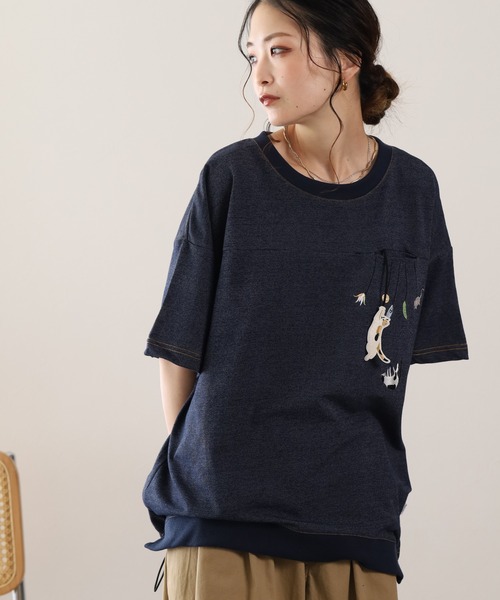 FUNALIVE(ファンアライブ)の「ぶらぶらネコ刺繍インレイ裾ドロストプルオーバー 半袖(Tシャツ/カットソー・レディース・ブルー系/ネイビー系8・M/L)」の4枚目の写真