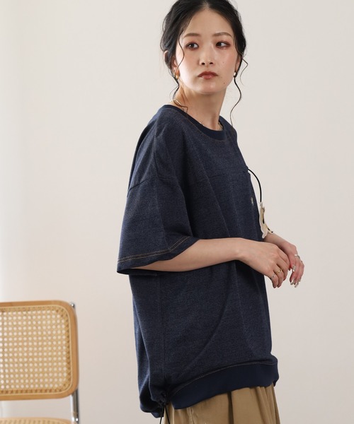 FUNALIVE(ファンアライブ)の「ぶらぶらネコ刺繍インレイ裾ドロストプルオーバー 半袖(Tシャツ/カットソー・レディース・ブルー系/ネイビー系8・M/L)」の5枚目の写真