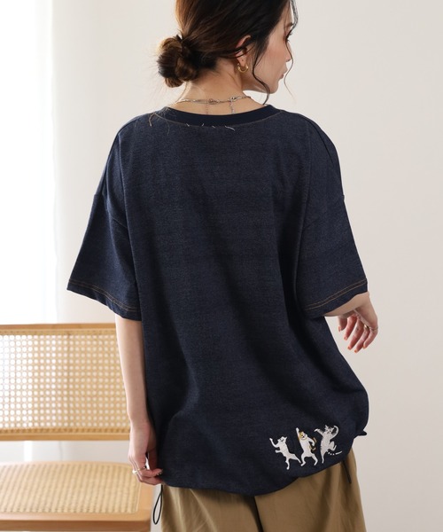 FUNALIVE(ファンアライブ)の「ぶらぶらネコ刺繍インレイ裾ドロストプルオーバー 半袖(Tシャツ/カットソー・レディース・ブルー系/ネイビー系8・M/L)」の6枚目の写真