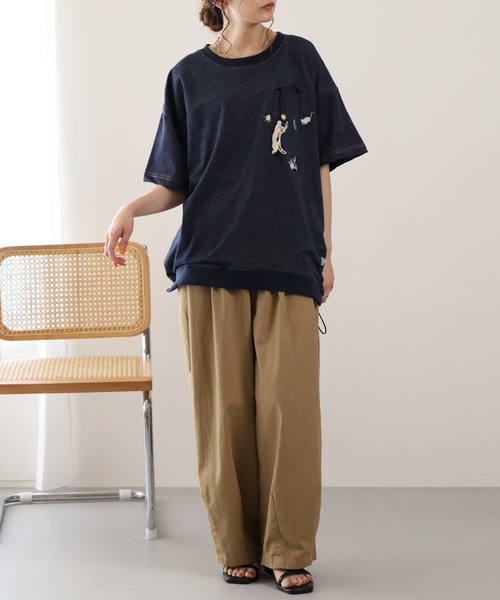 FUNALIVE(ファンアライブ)の「ぶらぶらネコ刺繍インレイ裾ドロストプルオーバー 半袖(Tシャツ/カットソー・レディース・ブルー系/ネイビー系8・M/L)」の8枚目の写真