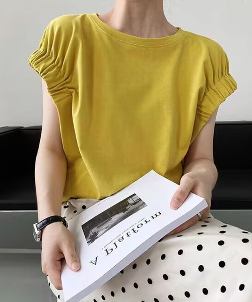 2ly2(トゥーリートゥー)の「袖フリル フレンチスリーブ カットソー(Tシャツ/カットソー・レディース・イエロー/ホワイト・FREE)」の1枚目の写真