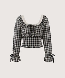 Gingham Check Lace Trim Cropped Top/ギンガムチェックレーストリムクロップドトップス