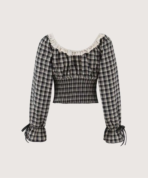 LA POMME petit（ラポミ・プチ）の「Gingham Check Lace Trim Cropped Top/ギンガムチェックレーストリムクロップドトップス（Tシャツ/カットソー・レディース・チェック・MEDIUM/SMALL/LARGE）」の2枚目の写真