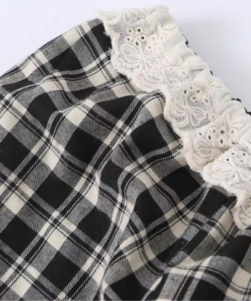 LA POMME petit（ラポミ・プチ）の「Gingham Check Lace Trim Cropped Top/ギンガムチェックレーストリムクロップドトップス（Tシャツ/カットソー・レディース・チェック・MEDIUM/SMALL/LARGE）」の3枚目の写真