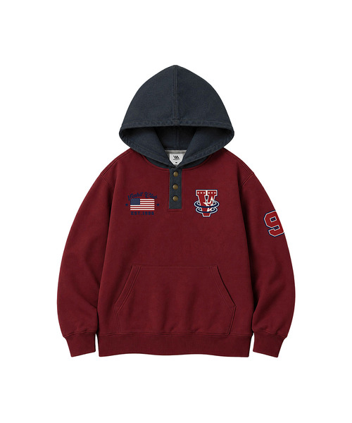 VENHIT(ベンヒット)の「Retro 96 デニム切替フーディ(パーカー・レディース・バーガンディー/クリーム・MEDIUM/LARGE/X-LARGE)」の1枚目の写真