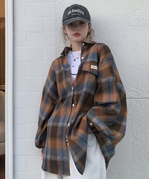 襟付きチェック柄リラックスシャツカジュアルジャケット