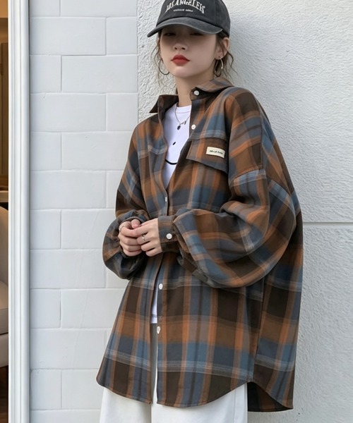 Aelina（エリナ）の「襟付きチェック柄リラックスシャツカジュアルジャケット（シャツ/ブラウス・レディース・オレンジ/ブルー・M/L）」の21枚目の写真
