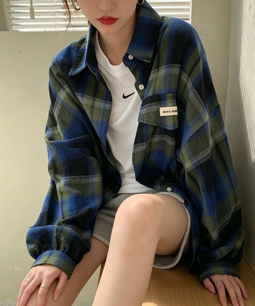 Aelina（エリナ）の「襟付きチェック柄リラックスシャツカジュアルジャケット（シャツ/ブラウス・レディース・オレンジ/ブルー・M/L）」の13枚目の写真
