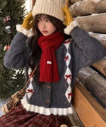 リボン付きアーガイル柄シャギーニットカーディガン