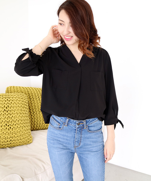N.(N. Natural Beauty Basic)(エヌエヌナチュラルビューティーベーシック)の「リボンカフススキッパーブラウス(シャツ/ブラウス・レディース・ホワイト/ピンク/ブラック・MEDIUM)」の2枚目の写真