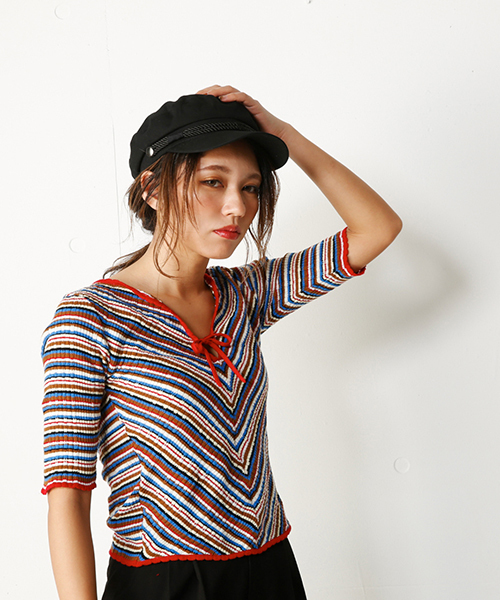 SLY（スライ）の「MULTI BORDER RIBBON 5分袖TOPS（ニット/セーター・レディース・グリーン/レッド/ミント・2/1）」の3枚目の写真