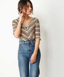 SLY | MULTI BORDER RIBBON 5分袖TOPS(ニット/セーター)