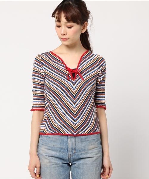 SLY（スライ）の「MULTI BORDER RIBBON 5分袖TOPS（ニット/セーター・レディース・グリーン/レッド/ミント・2/1）」の12枚目の写真