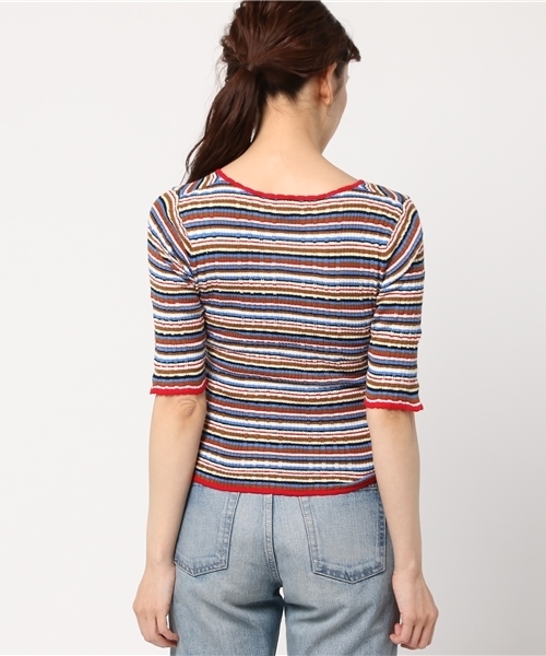 SLY（スライ）の「MULTI BORDER RIBBON 5分袖TOPS（ニット/セーター・レディース・グリーン/レッド/ミント・2/1）」の5枚目の写真