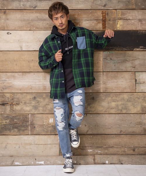 リルーム　チェック　シャツ　ジャケット Re:room リルーム ウールチェックビッグシャツジャケット メンズ M