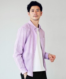 先染め綿麻ストレッチレギュラーカラー長袖シャツ