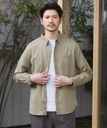 先染め綿麻ストレッチレギュラーカラー長袖シャツ