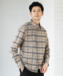 先染め綿麻ストレッチレギュラーカラー長袖シャツ